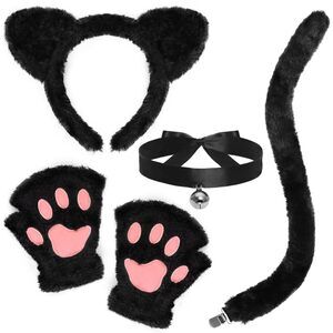 3531 4 Pcs Black Cat Costumes Furry Cat Ears Headband Tail Paws